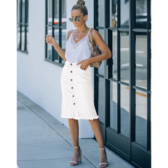 Women's Casual Mid Rise Button Down Frayed Raw Hem Denim Jean Midi Skirt - Picture 4 of 9